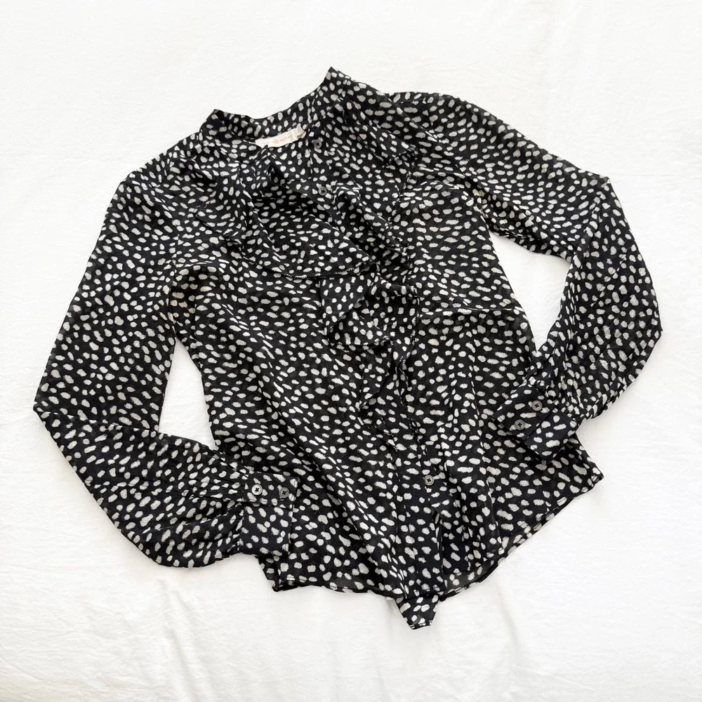 Tory Burch Silk Ruffle Front Blouse Black White Print Size 2
